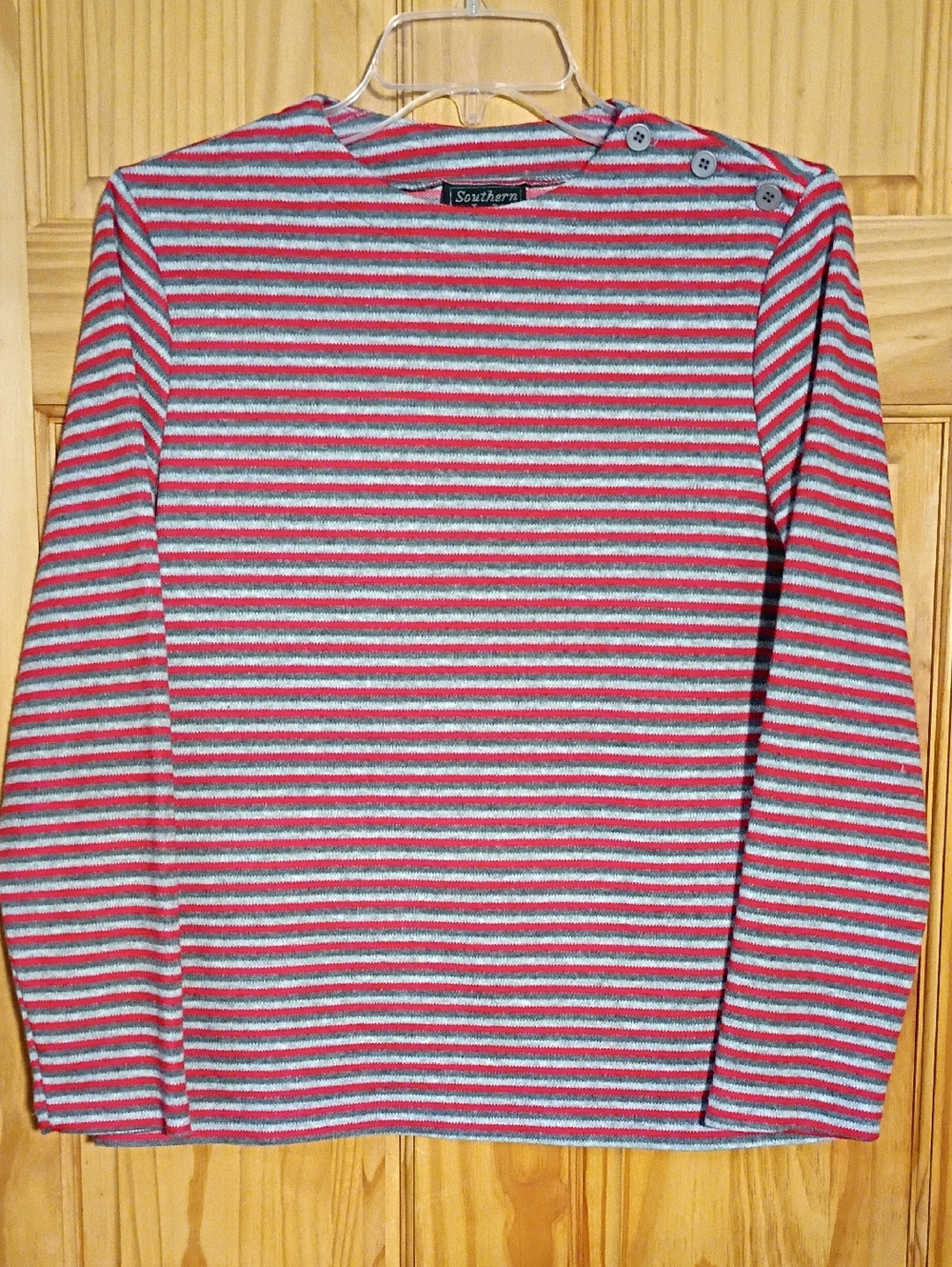 Vintage Southern Lady Red, Gray & Light Gray Striped Long sleeve